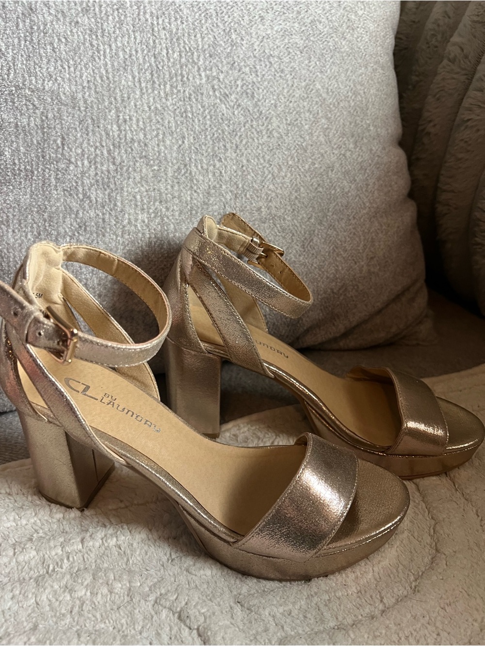 CL by Laundry Metallic Rose Gold Ankle Strap Block Heels